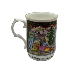 Sadler Christmas Morning China Beaker Mug England Yuletide Scene Gold Trim